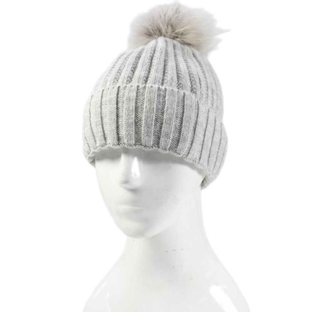 Designer Womens Rabbit Fur Pom Pom Accented Beanie Gray One Size